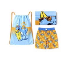 NWT 3-PC Toddler Boy 3T Swim Trunks, Beach Towel Drawstring Backpack SHARK