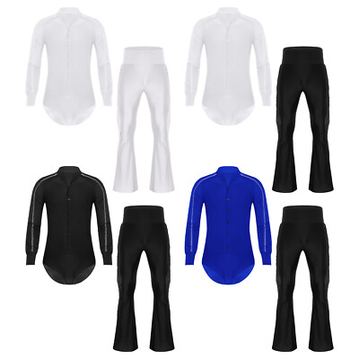 Men Dance Outfit Samba Leotard Button Bodysuit Satin Clubwear Party Costume