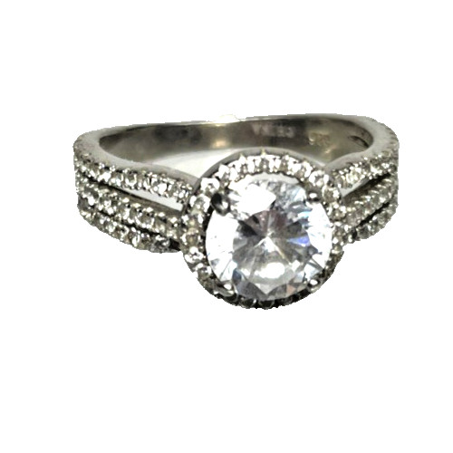 Sterling Silver Ring 925 China Sz 6 Cocktail Round CZ Faux Diamond 3 Band 3.4 g