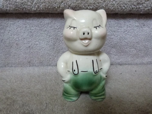 VTG Shawnee Pottery SMILEY Standing Pig Coin Bank Green Pants Suspenders 5.75"