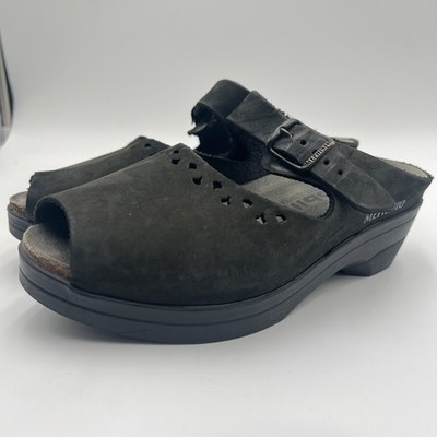 Mephisto Mobils Black Leather Mary Jane Peep Toe Clogs SZ 38 US-7.5 Cork Footbed