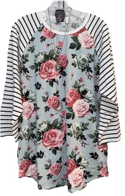 NEW 2.0 LuLaRoe 2XL Blue Green Rose Floral Black White Stripe Randy Baseball Tee