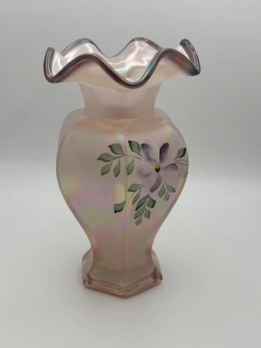 Fenton Champagne Satin Iridized Hand Painted Signed By Artist Hexagonal Vase