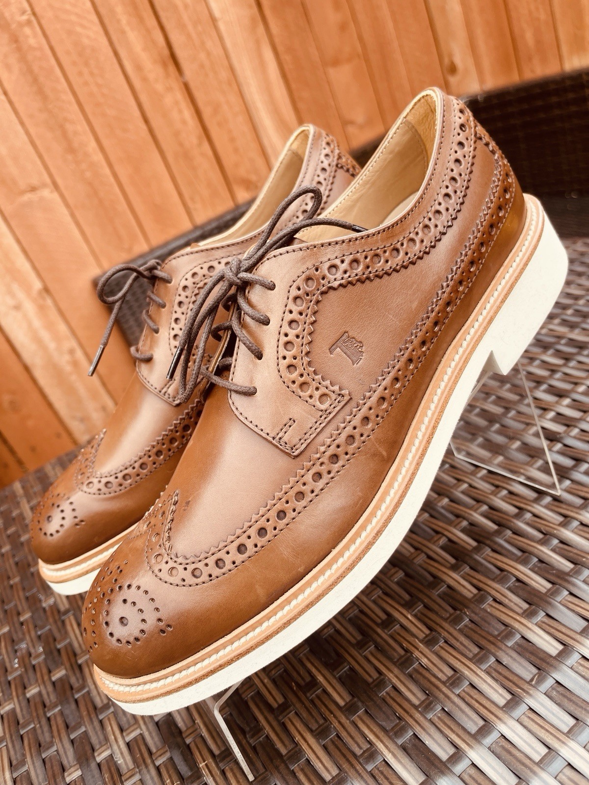 SAOLA TOD'S SCARPE STRINGATE CASUAL DERBY BUCATUR PELLE MARRONE SUOLA BIANCA US 8 5 UK 7 5