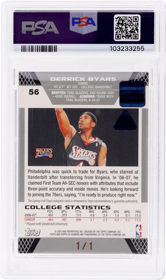 2007 Topps Co-Signers Derrick Byars 1/1 PSA 6 RC - Image 2 of 2