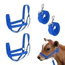 2-Pack Adjustable Cattle Cow Halter, 12.6"-18.9" with Lead Rope [Blue]
