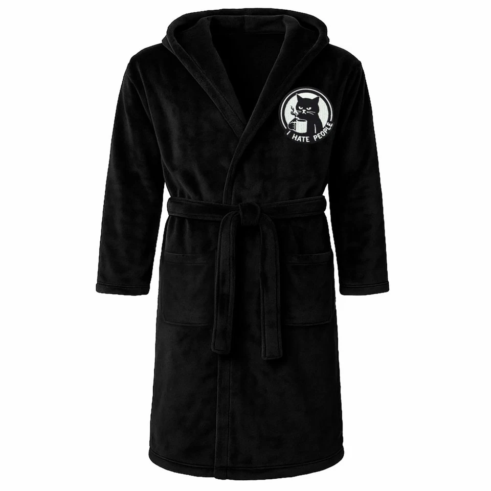 Bademantel mit Kapuze I hate people Katze Herren Damen schwarz S - XXXL