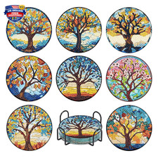 Diamond Painting Coasters Kit with Holder, Tree of Life, 8 Pieces, 4x4 Inches
