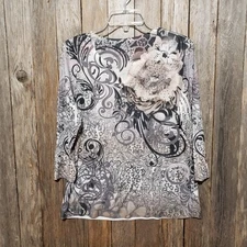 Style Co L Knit Top Tee Henley Beige Gray Beaded Hippie Boho Retro Indie Artsy