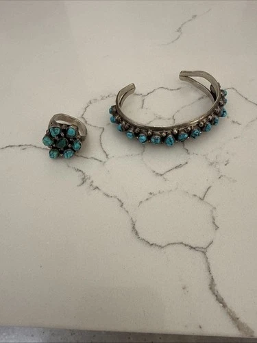 VINTAGE Silver & turquoise cuff Bracelet & Ring Navajo RA Signed/Stamped