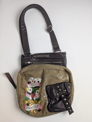 Ed Hardy Love Is A Gamble Messenger Bag Canvas Leather Y2K