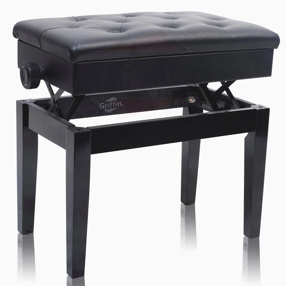 GRIFFIN Black Leather Piano Bench - Wood Vanity Stool Keyboard Seat Guitar Chair - Image 3 of 4