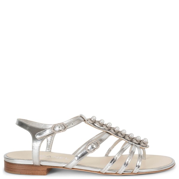73519 authentische Chanel silber Leder PERLE T-RIEMEN FLACHE Sandalen Schuhe 39,5