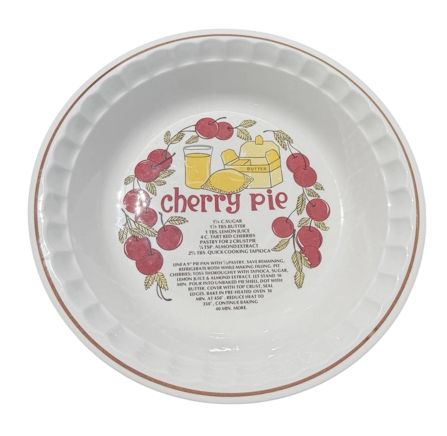 Vintage Hankook Cherry Pie Recipe Stoneware Deep Dish Pie Plate 10.75” Oven Safe