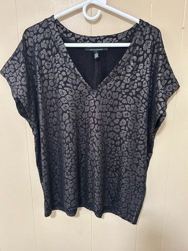 White House Black Market Black Silver Large Leopard Print Top Metallic Y2K Glam 