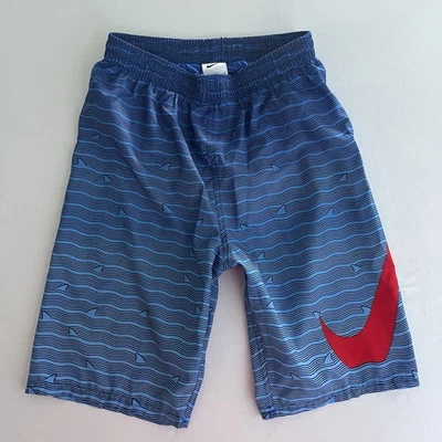 NIKE Boys Blue Shark Waves Embroidered Logo Pocket 9” Swim Shorts Mesh Briefs XL - Image 1 of 4