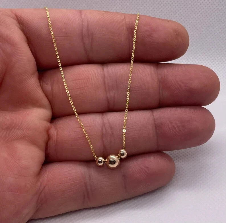  3 Beaded 14k solid yellow gold past present future necklace chain 18'' long  - Image 2 of 3
