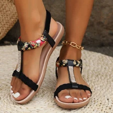 Womens Ladies Flat Diamante Strappy Sandals Buckle Summer Comfy Beach Shoes Size