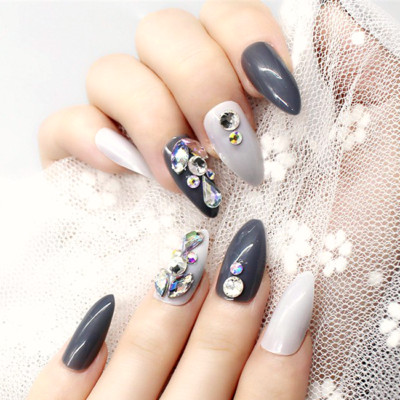 3-D STILETTO *SMOKE & DIAMONDS* Gems Full Cover 24 Nail Tips Press On Glue Set!