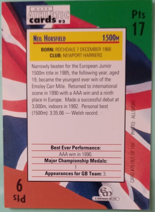 NEIL HORSFIELD ERIN MAXX BRITISH ATHLETICS 1992 TRADING CARD No 70