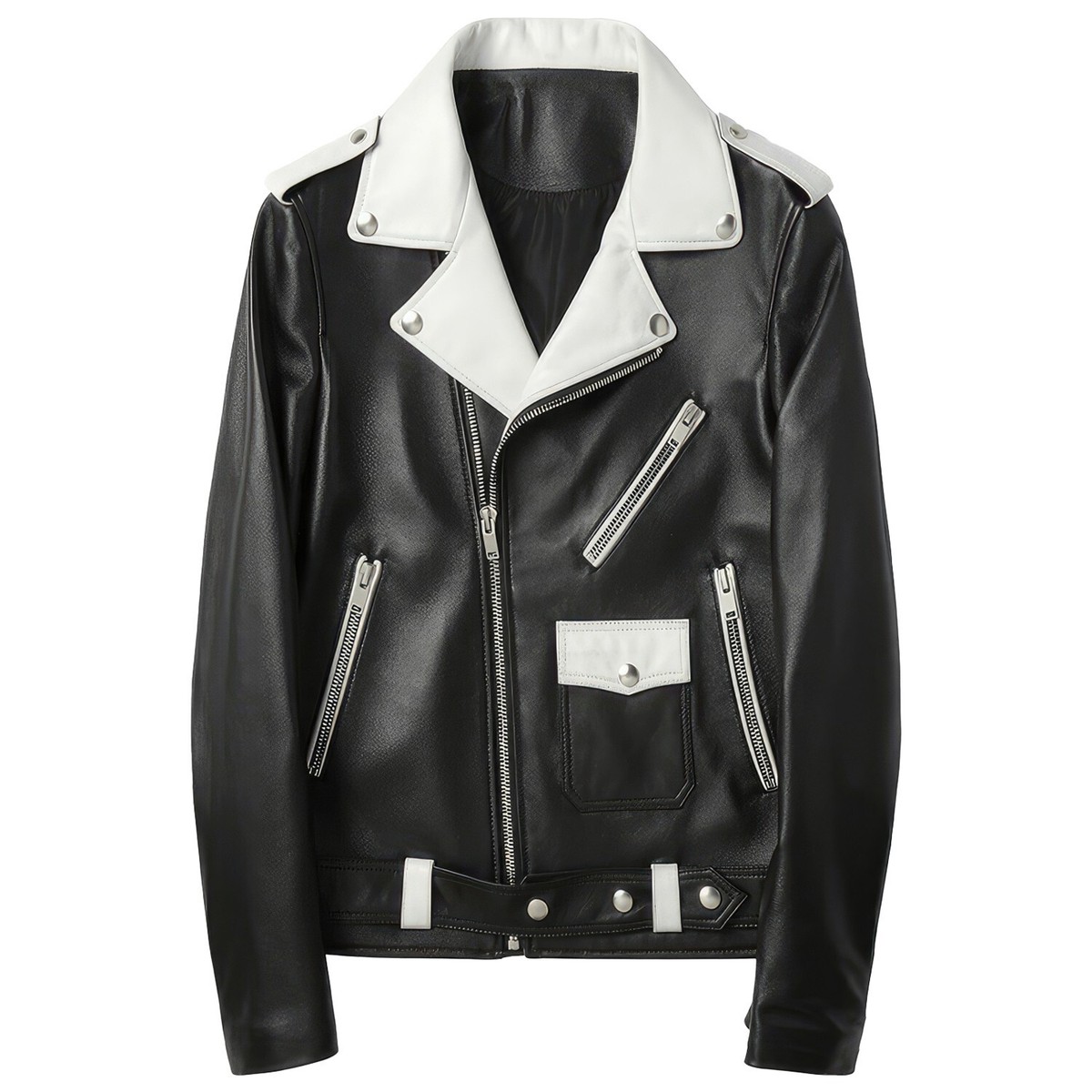 Men's Black Biker Real Leather White Lapel Collar Zip-up