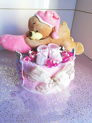 BABY-TRAUMLAND ♥ Schlafbärchen mit Kissen u. Mütze ♥ Pampers Windelgeschenk Geburt Mädchen