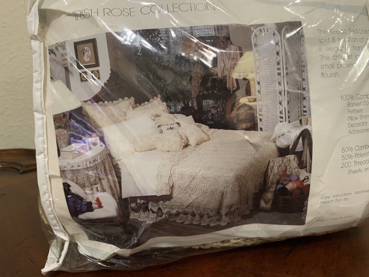 Keeco Hand Crocheted Irish Rose Full Coverlet Blanket Beige Piece Set New - Main Image