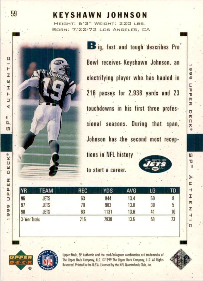 1999 Upper Deck SP Authentic Keyshawn Johnson (100) Football Cards #59 - Image 2 of 2