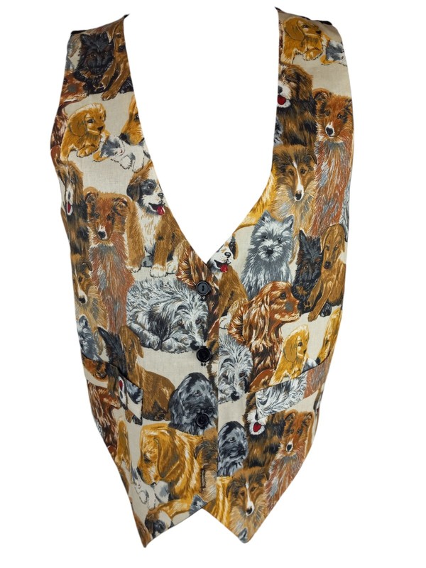 Vintage Saddle River Womens Dog Lover Print Vest Size S/M Dogs Puppies Tie Back 