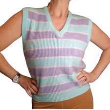 Vintage 80s Ribbed Knit Pastel Striped Sweater Vest Mint Green Lavendar Medium