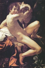 SAINT JOHN BAPTIST YOUTH WITH RAM SHEEP BIBLICAL PAINTING BY CARAVAGGIO REPRO