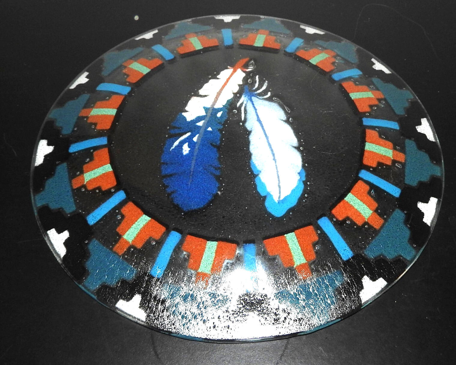 Vintage Fireglass Studio Handmade Fused Art Glass Feather Plate Signed/Dated '99