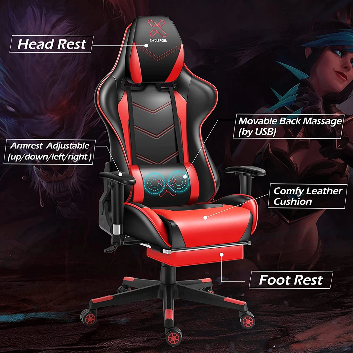 X-VOLSPORT Massage Gaming Chair with Footrest Reclining High Back