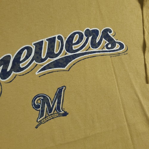 MLB Milwaukee Brewers Shirt Beige Spellout Tee Size 2XL Cotton Adult Mens - Picture 5 of 10