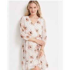 NWOT Maurices Peach Floral And Polka Dot Faux Wrap Dress XL 3/4 Sleeves V-Neck