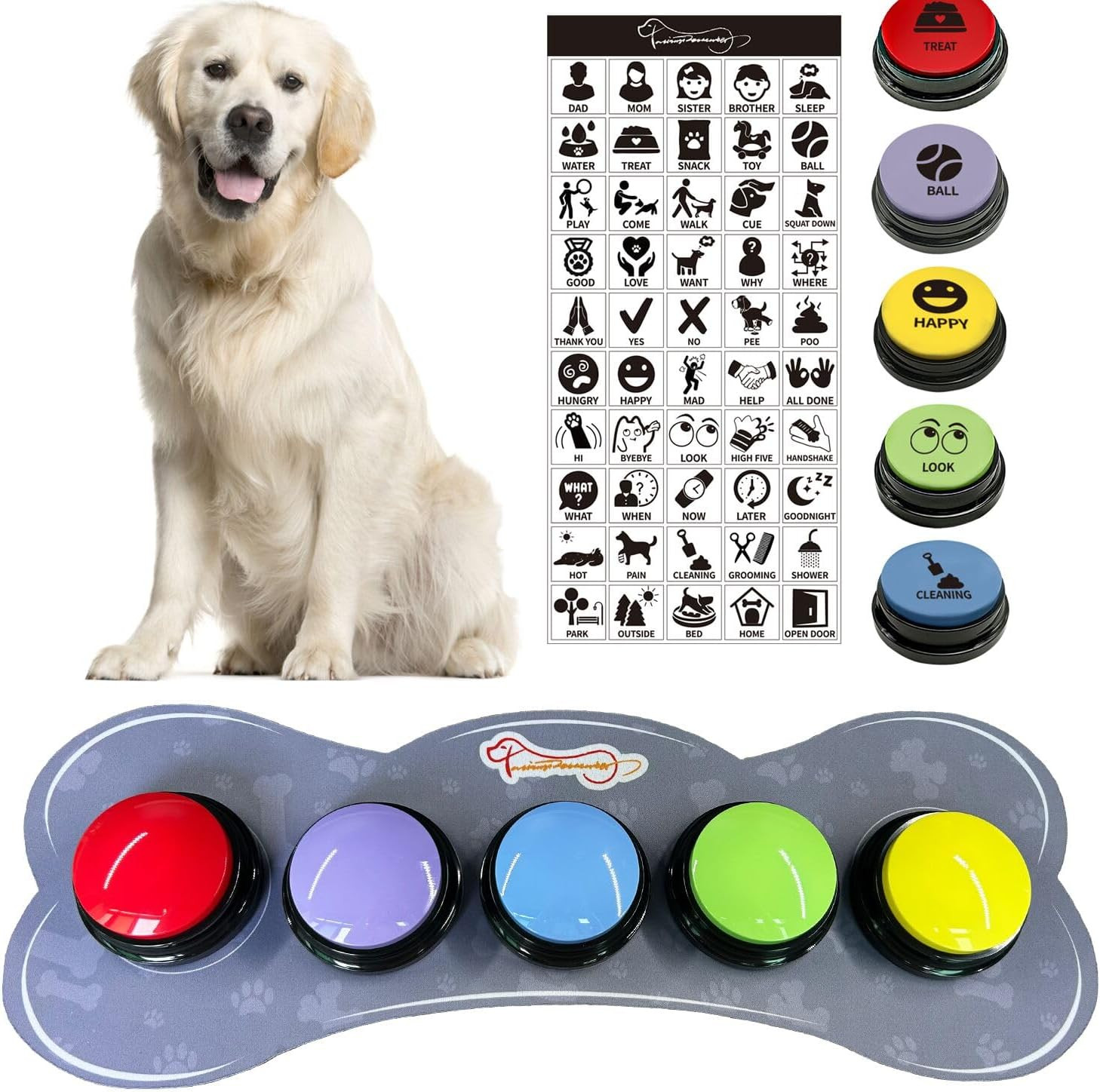 Set di 5 Pulsanti Comunicazione Cani Multicolori con Tappetino