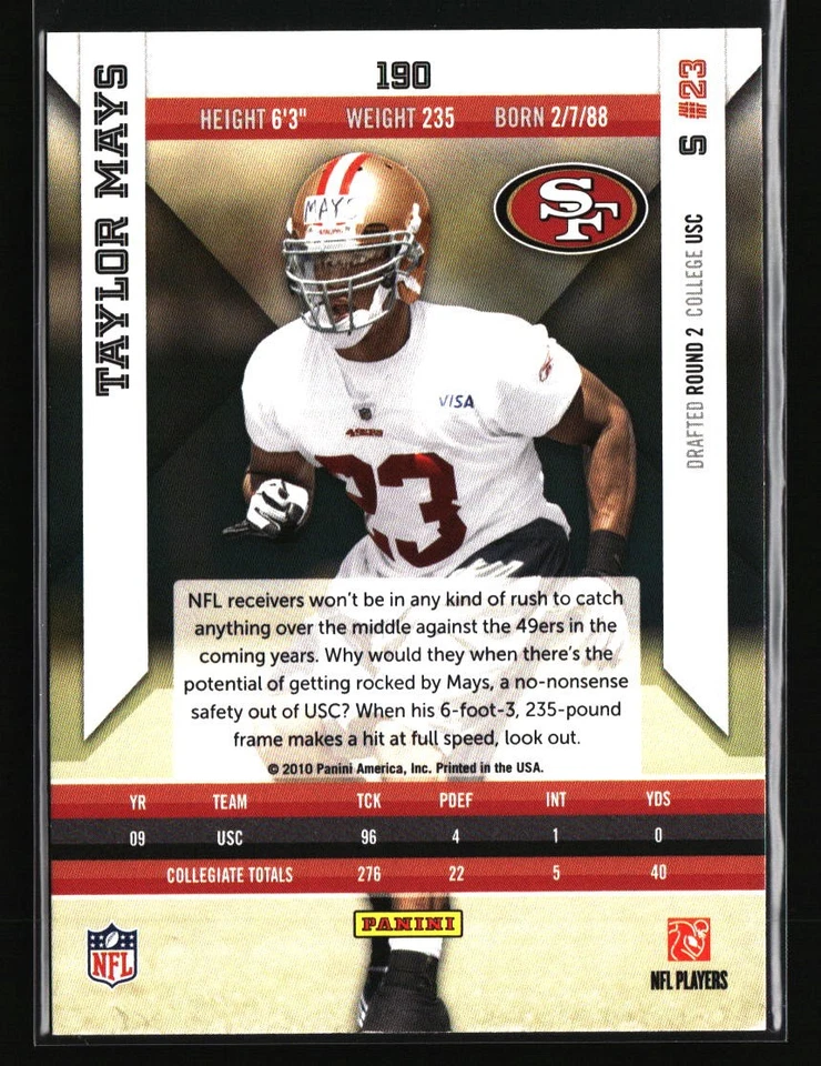 Taylor Mays 2010 Panini Epix #190 FOOTBALL Card - Image 2 of 2