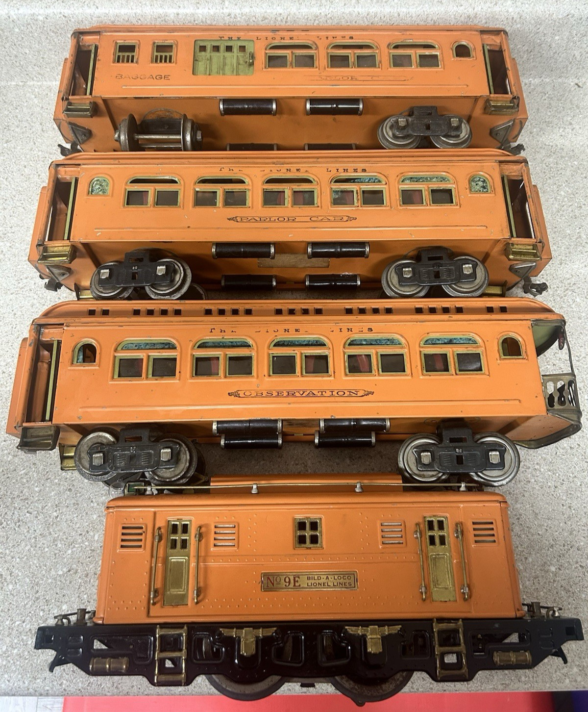 Lionel Prewar Orange No. 349E Set - Lionel 9e Locomotive & 428, 429 and 430 Cars