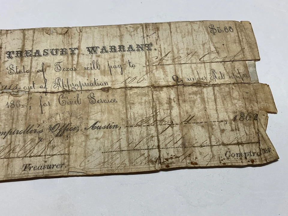 ORIGINAL CSA STATE OF TEXAS TREASURY WARRANT FEBRUARY 1864 FIVE DOLLARS REGISTER - Image 3 of 4
