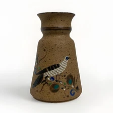 Tonala Mexican Folk Art Vase 7.5” Hand Painted Bird Tan Blue Sandstone Decor