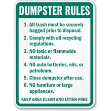 Dumpster Rules Aluminum Aluminum Weatherproof Sign b01299