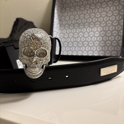 Philipp Plein black leather belt size 95 crystal skull rock n roll
