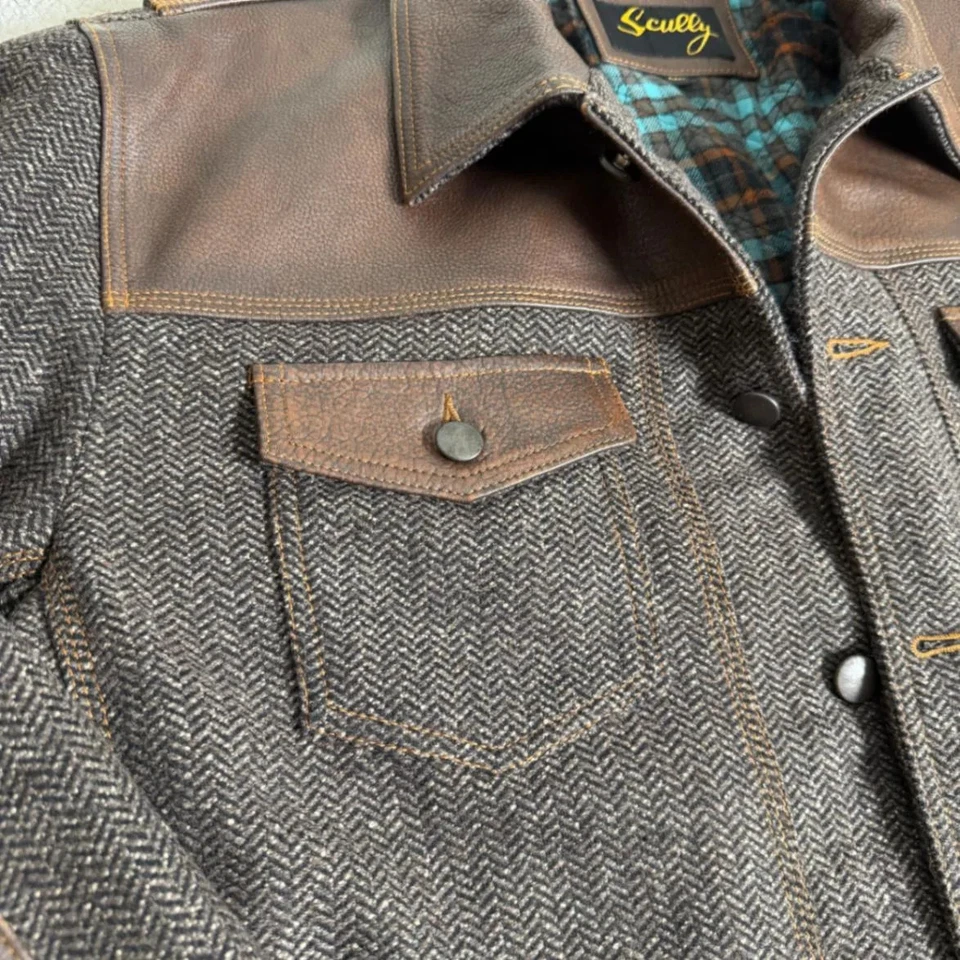 Scully Leather Wool Blend Herringbone Jacket XXL Brown Plaid Lined Mens - Image 3 of 4