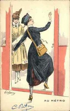 Beautiful Woman Boards Trolley Train Metro Street Car c1910 Postcard