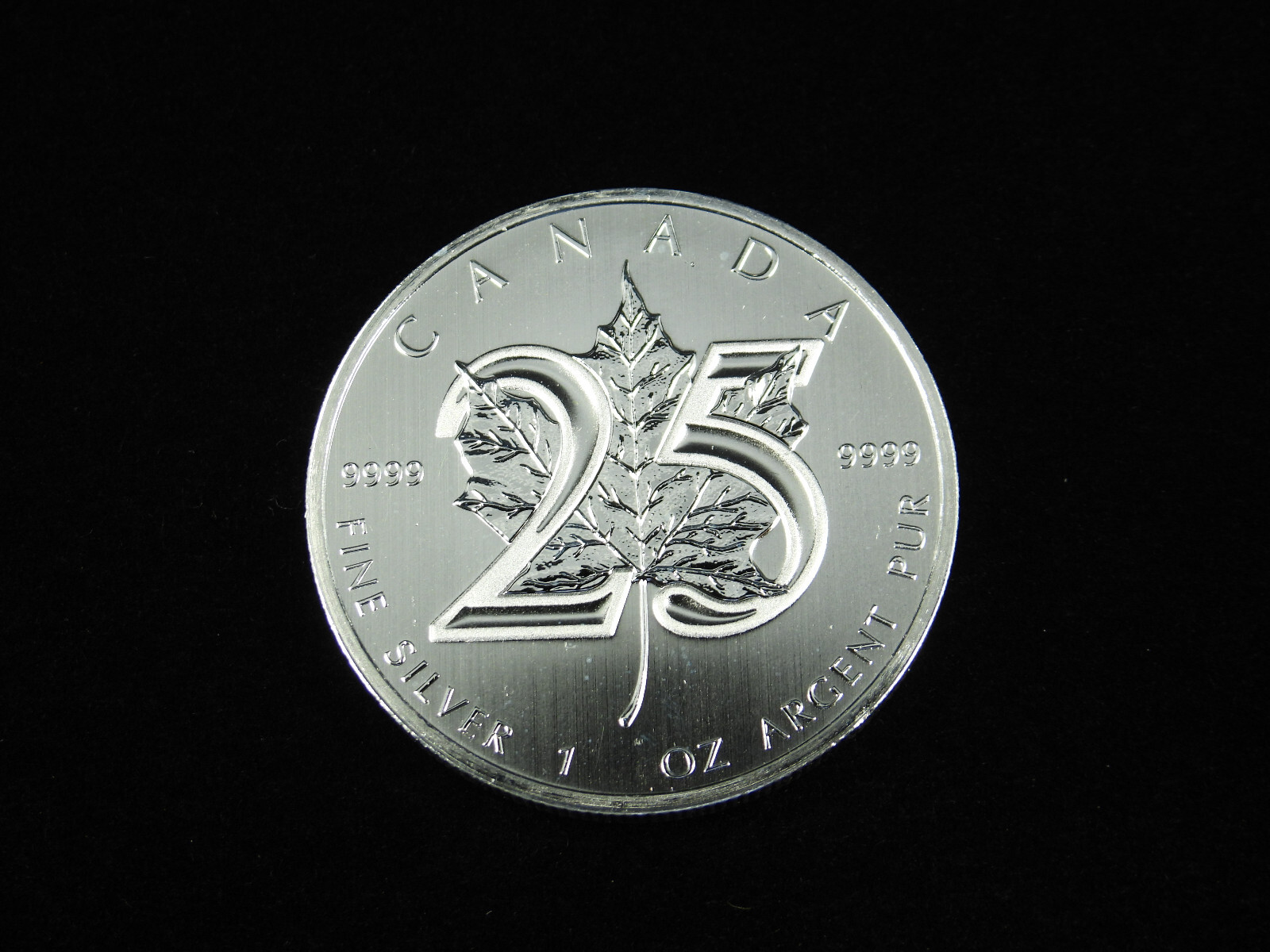 2013 $5 Fine 1 oz Silver Maple Leaf Coin Canada 25th Anniversary 9999 Fine Ag