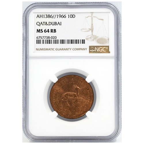 Qatar and Dubai AH1386 1966 10 Dirham Copper Coin NGC MS64RB - Picture 3 of 4