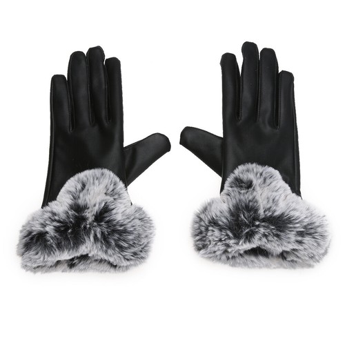 L Winter PU Leather Mittens Lady Elegant Female Rabbit Hair Gloves