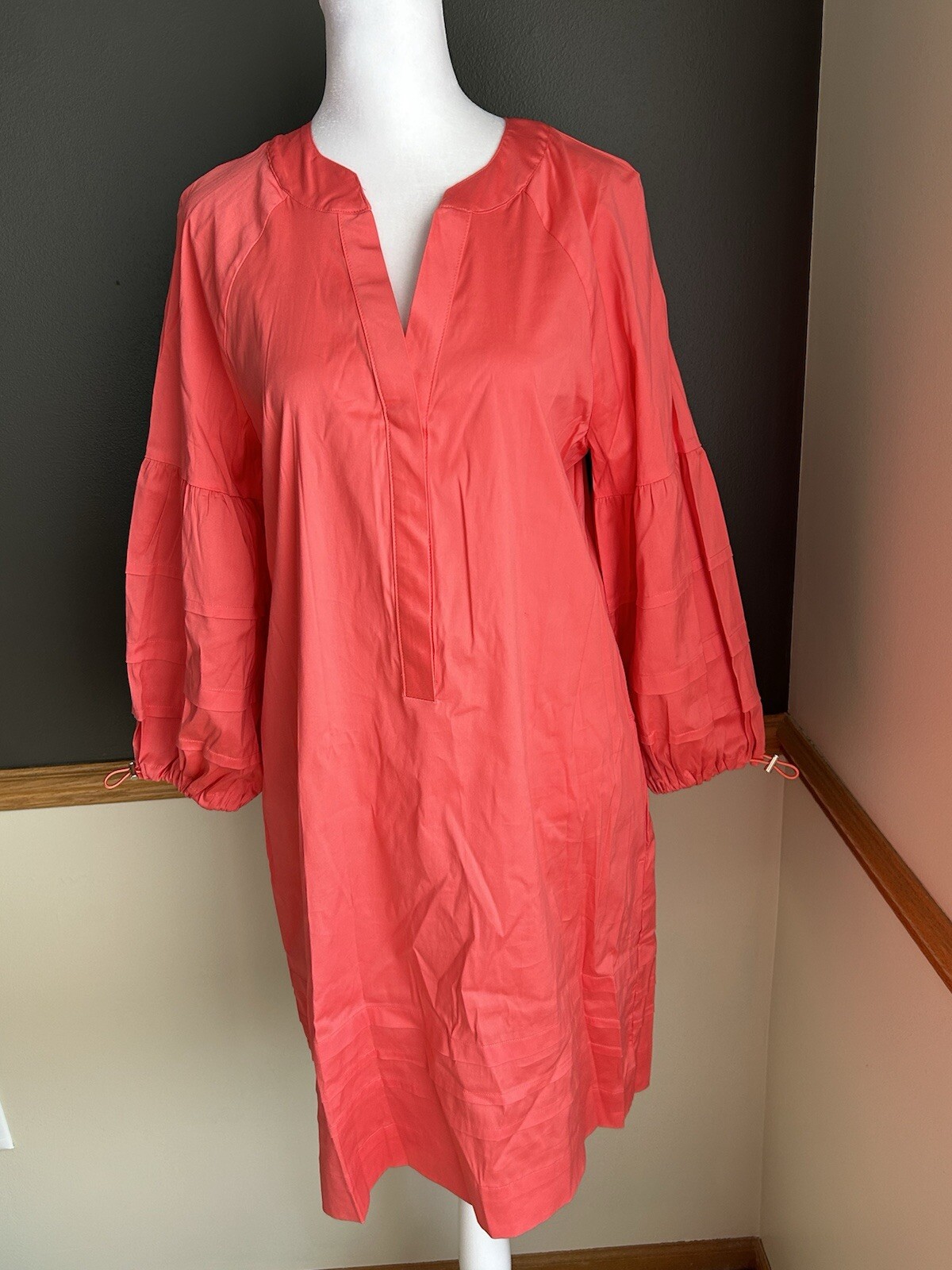 CHICOS Womens A-Line Dress 0 Small 4/6 Coral Stretch Cotton Puff  Sleeves Summer