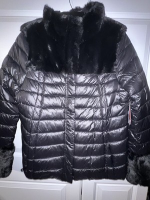 $199 DKNY Women's Black Zip-Front Faux-Fur-Trimmed Puffer Jacket Coat Size L