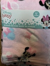 DISNEY BABY MINNIE MOUSE PINK BLANKET VELOUR BLUE WHITE CUDLIE HEAD LOGOS NWT